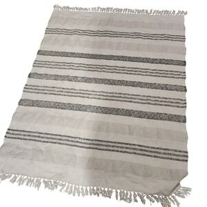 Boho Stripe Cotton Rug Fringe Cream Black Accent Floor Mat 4x6 ft approx